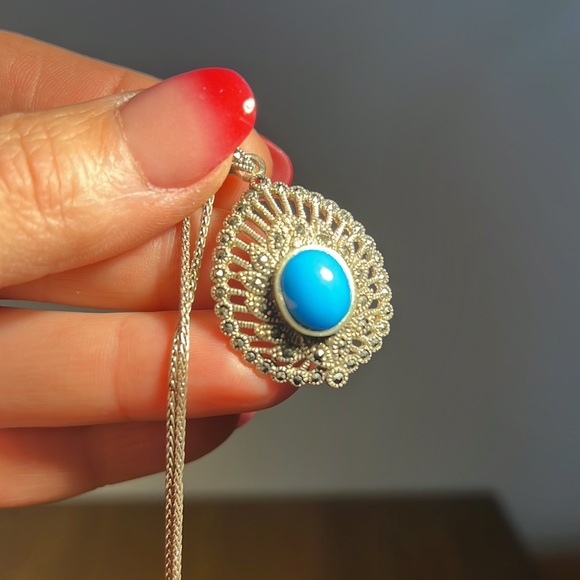 Sterling silver pendant w/ blue stone sterling silver chain 925 marked vintage - Picture 4 of 8